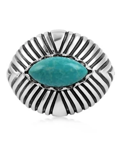 American West Jewelry Sterling Silver Green Turquoise Marquise Gemstone Ribbed Ring Size 7