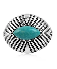 American West Jewelry Sterling Silver Green Turquoise Marquise Gemstone Ribbed Ring Size 7