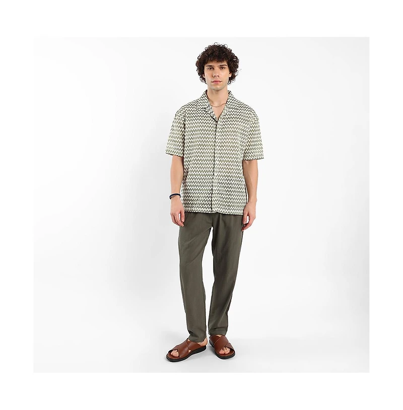 Campus Sutra Men's Olive Green & Powder White Chevron-Striped Oversized Shirt