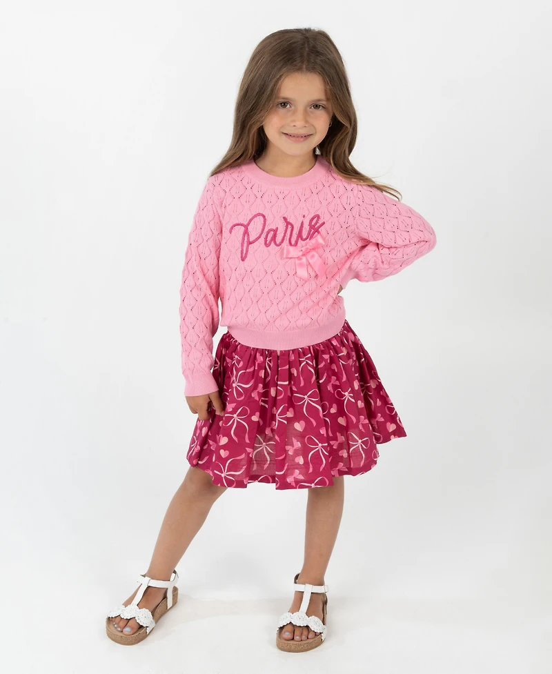 Rare Editions Little Girls Hearts & Bows Skort Dress with Pop-Over "Paris" Sweater, 2 pc
