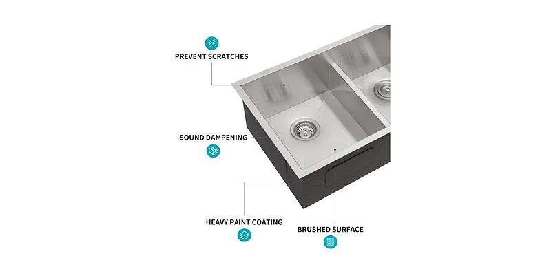 Flynama 33 Inch 16-Gauge Stainless Steel Double Bowl Undermount Kitchen Sink with Soundproofing