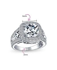 Bling Jewelry Art Deco Style 3CTW Cz Halo Cushion Cut Solitaire Promise Ring Sterling Silver Split Pave Cubic Zirconia Side Stone Filigree Band