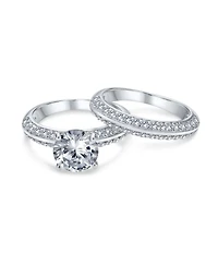 Bling Jewelry Art Deco Style 3CT Cubic Zirconia Princess Cut Solitaire with Pave Eternity Band Ring Set Sterling Silver