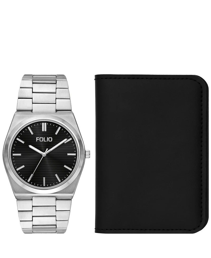 Folio Men's Quartz Three-Hand Silver Alloy Watch Set, 42mm