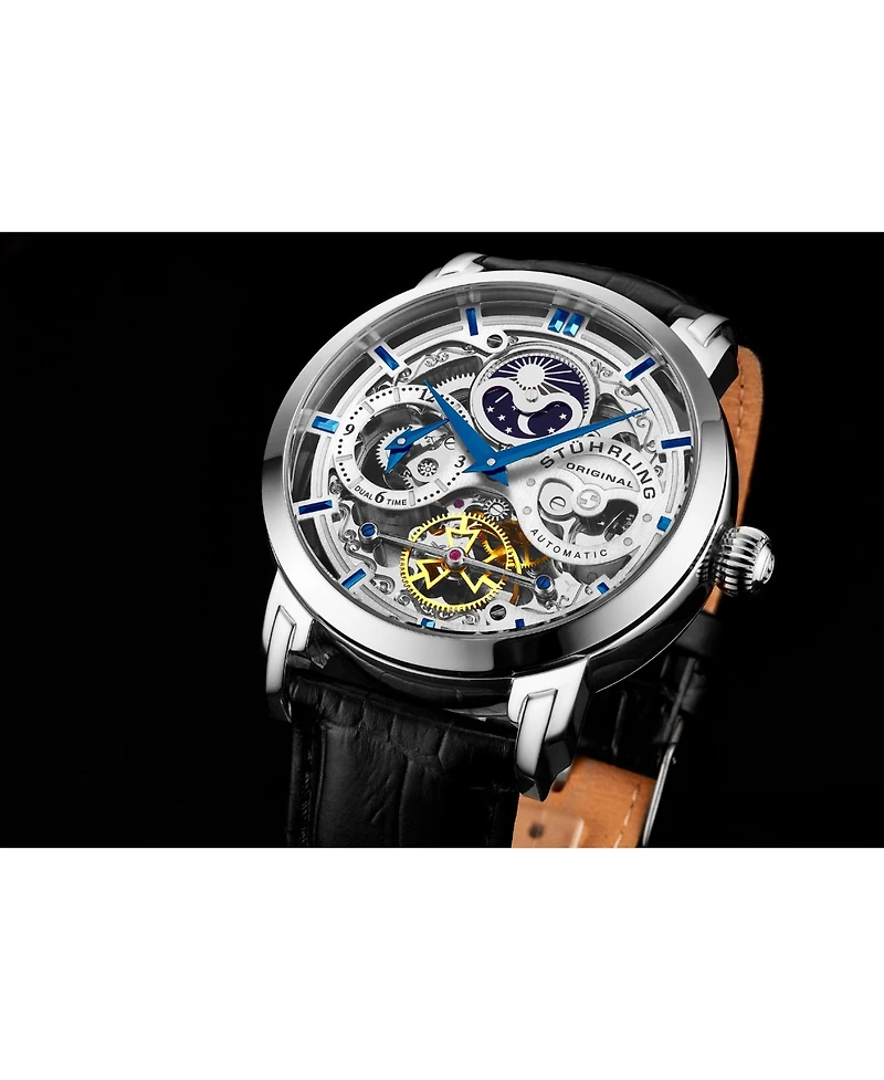 Stuhrling Men's Legacy Black Leather, Silver-Tone Dial, 46mm Round Watch