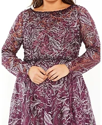 Mac Duggal Women's Plus Long Sleeve High Neck Embroidered Gown