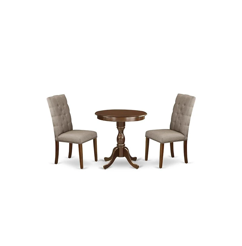 East West Furniture 3-Pc Modern Dining Table Set - 2 Dining Padded Chairs and 1 Kitchen Table (Mahogany Finish)