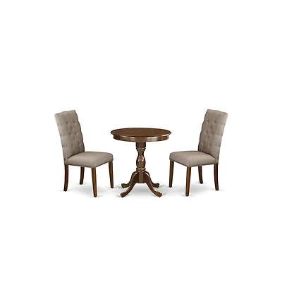 East West Furniture 3-Pc Modern Dining Table Set - 2 Dining Padded Chairs and 1 Kitchen Table (Mahogany Finish)