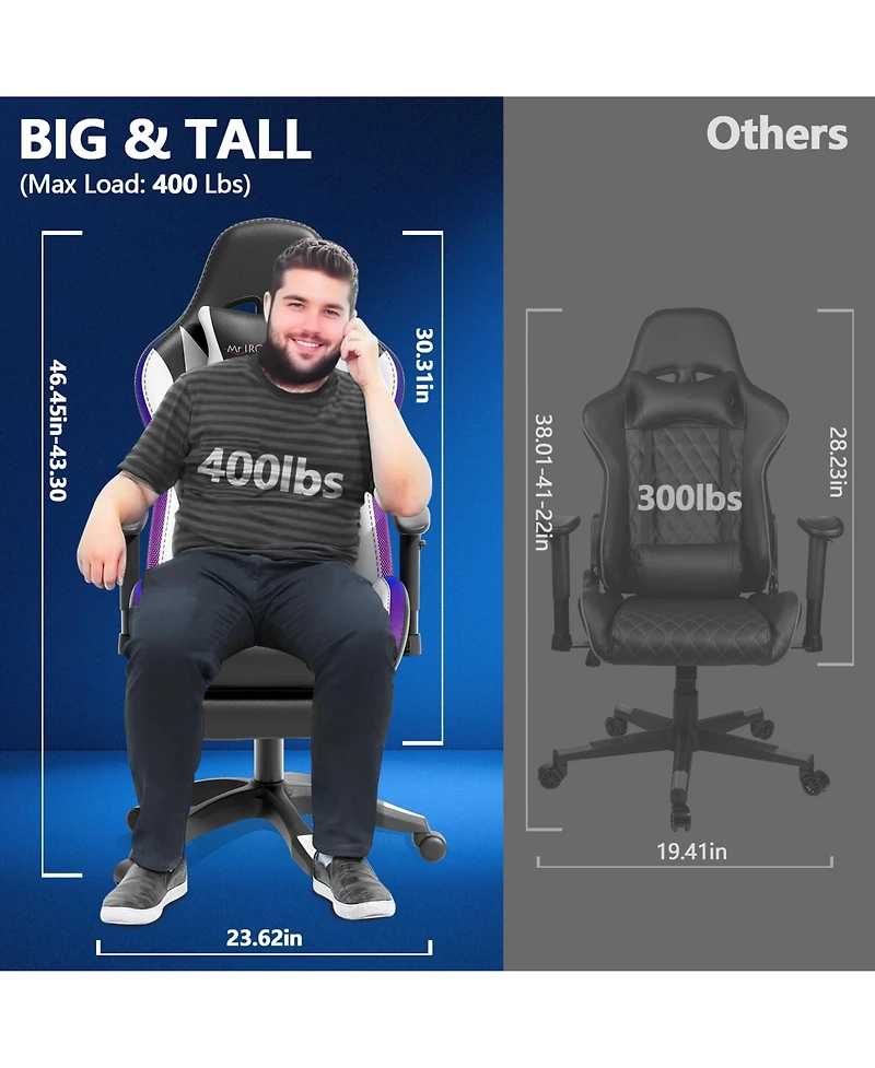Mr Ironstone Gaming Chair with Speakers and Led Lights Ergonomic Massage Computer Gaming Chair with Broaden Cusion and Footrest High Back Video Game C