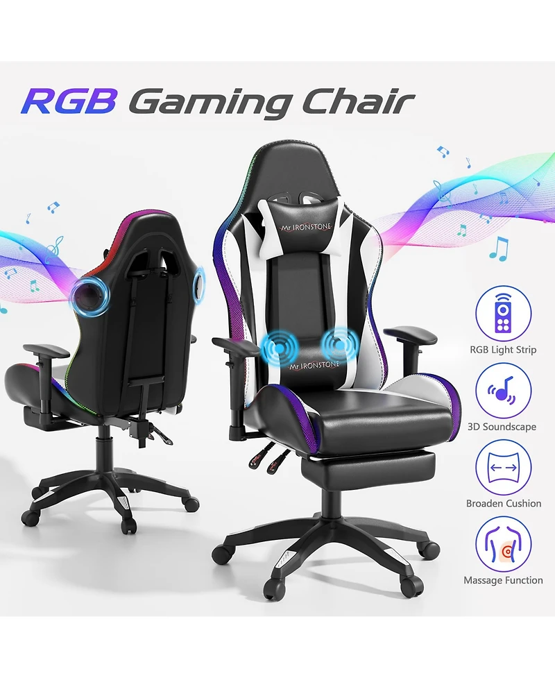 Mr Ironstone Gaming Chair with Speakers and Led Lights Ergonomic Massage Computer Gaming Chair with Broaden Cusion and Footrest High Back Video Game C