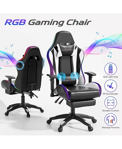 Mr Ironstone Gaming Chair with Speakers and Led Lights Ergonomic Massage Computer Gaming Chair with Broaden Cusion and Footrest High Back Video Game C
