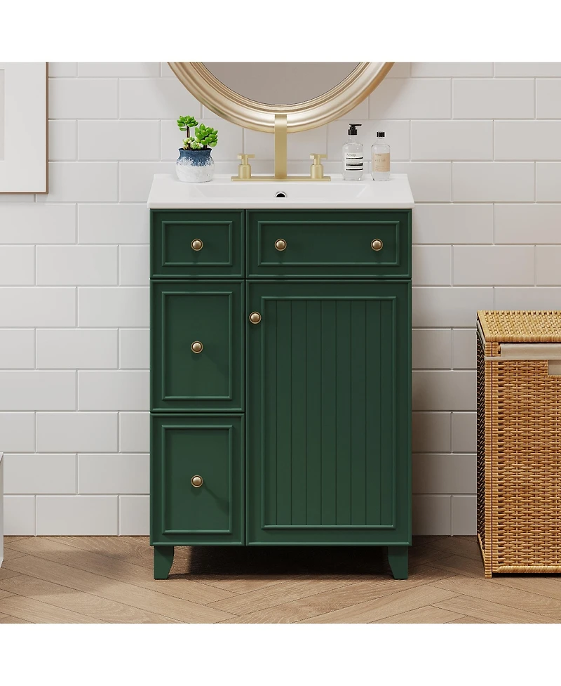 Casainc 24" Bathroom Vanity Cabinet with Ceramic Sink, 2 Drawers and 1 Soft-Close Door