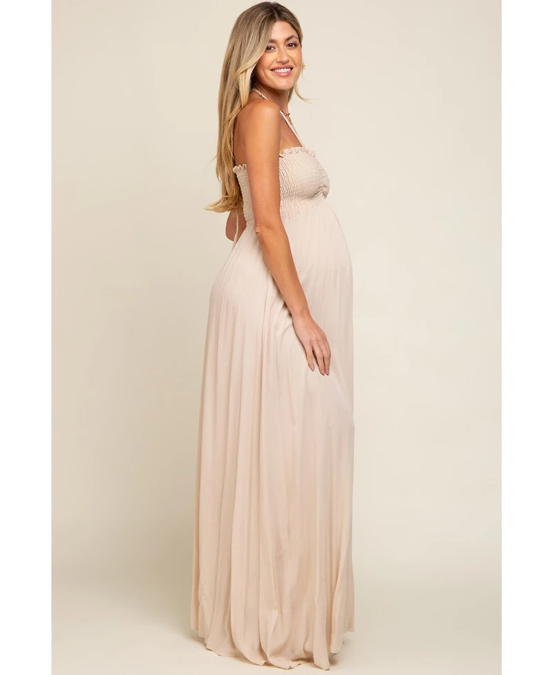 Pinkblush Maternity Beige Smocked Halter Maxi Dress