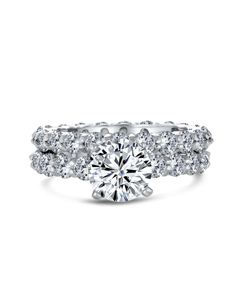 Bling Jewelry Sterling Silver 3CT Round Cz Solitaire & Cubic Zirconia Pave Eternity Band Ring Set – 6-Prong Design