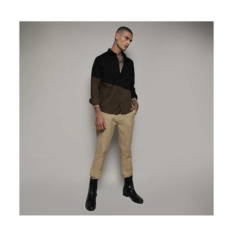 Campus Sutra Men's Black & Olive Green Contrast Panel Shirt