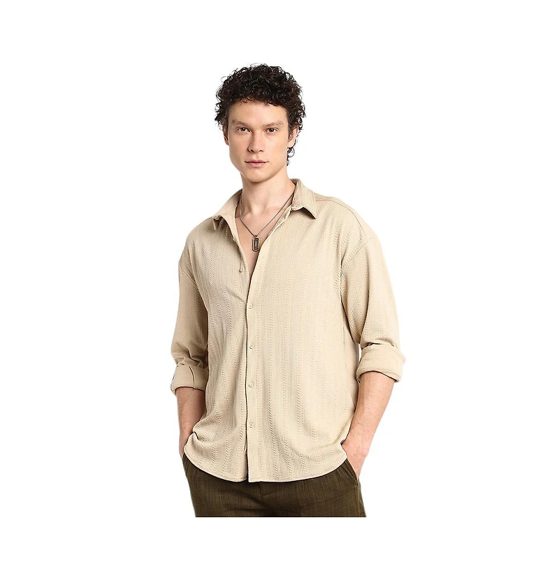 Campus Sutra Men's Light Beige Spear-Textured Shirt