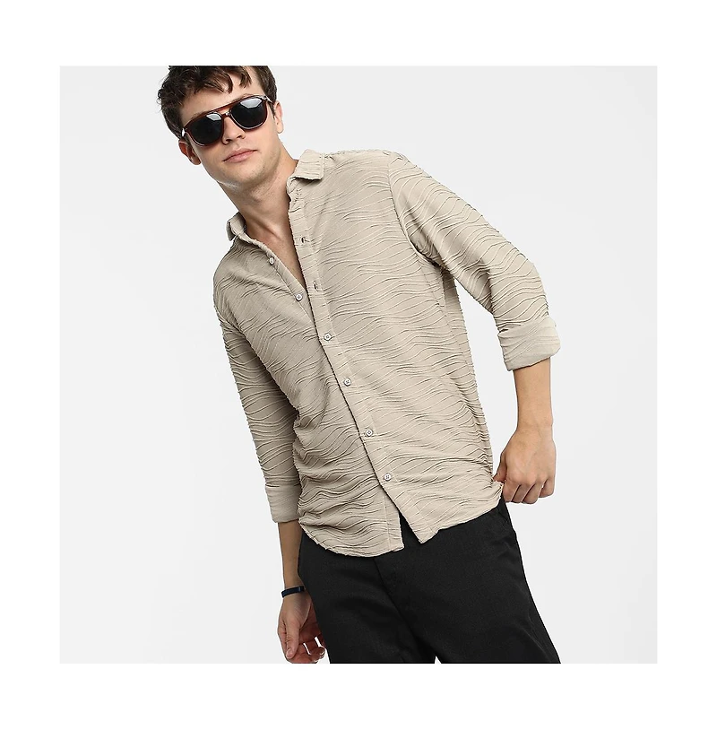 Campus Sutra Men's Cloud Grey Self-Design Wave Shirt