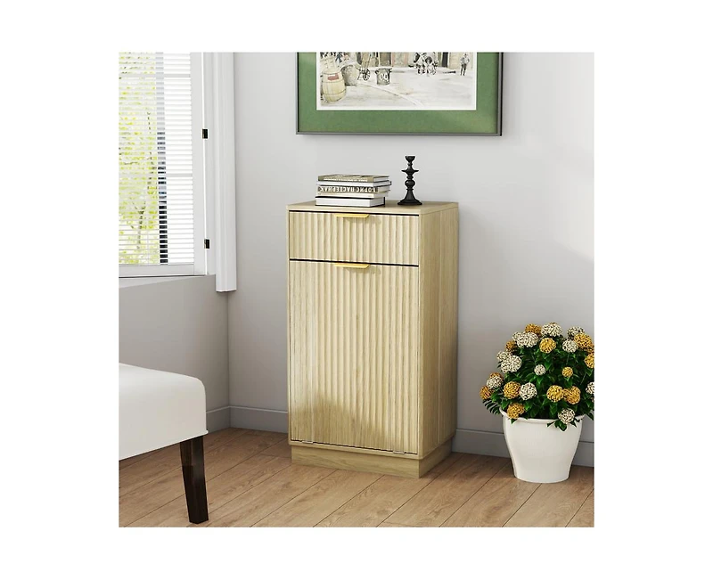 Casainc 10-Gallon Woodgrain Tilt-Out Trash Can Cabinet with Wave-Textured Drawer & Pull-Out Bin