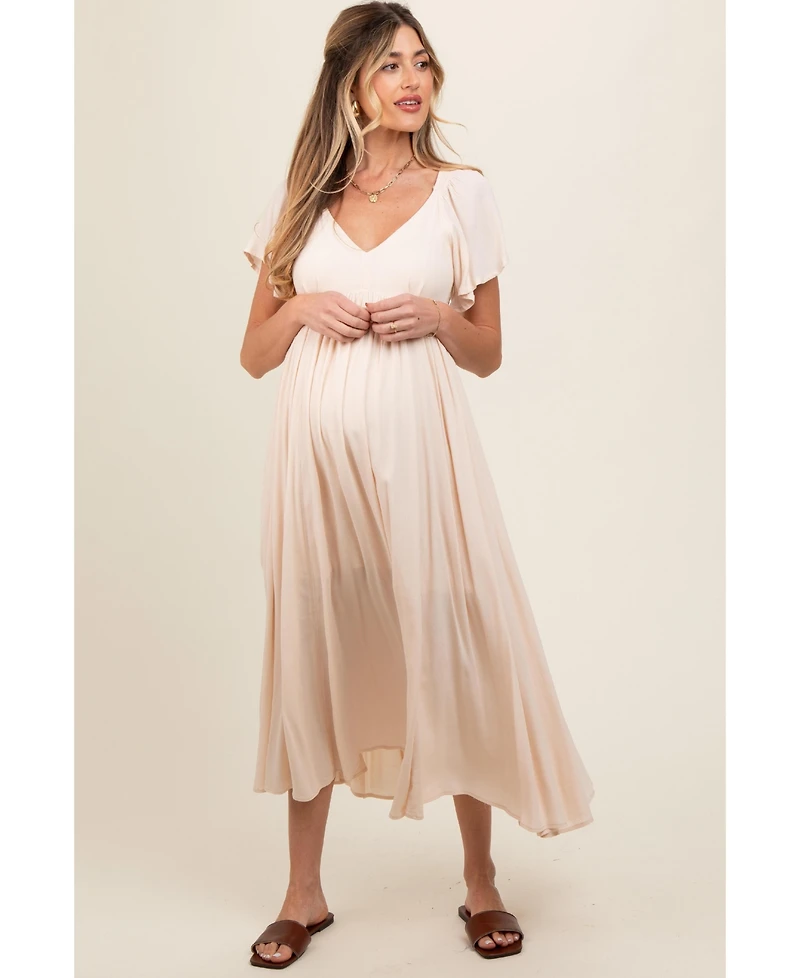Pinkblush Maternity Cream V-Neck Flutter Short Sleeve Midi Dress