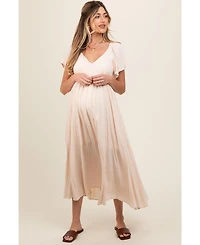 Pinkblush Maternity Cream V-Neck Flutter Short Sleeve Midi Dress