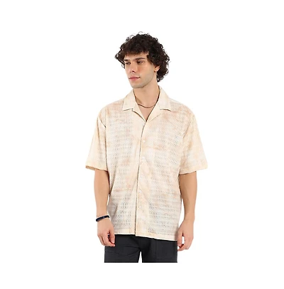 Campus Sutra Men's Tan Brown & Ivory White Faded Woven Oversized Shirt