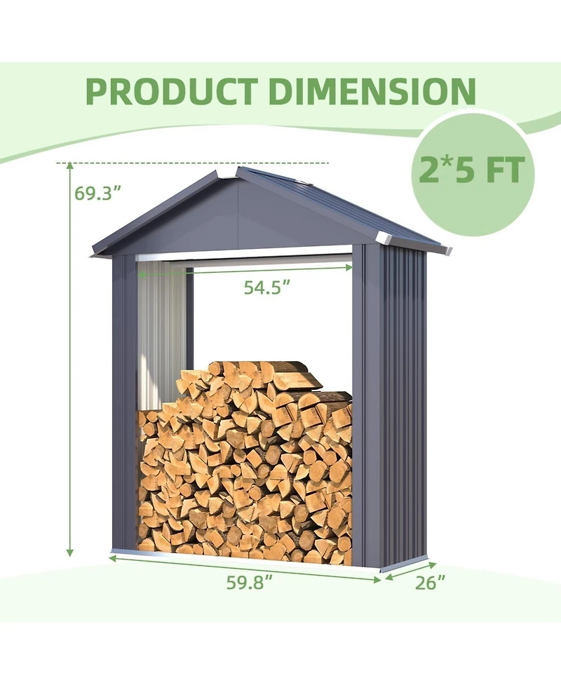 Aecojoy 5x2 Outdoor Storage Shed, Firewood Rack Waterproof Metal Tool Sheds