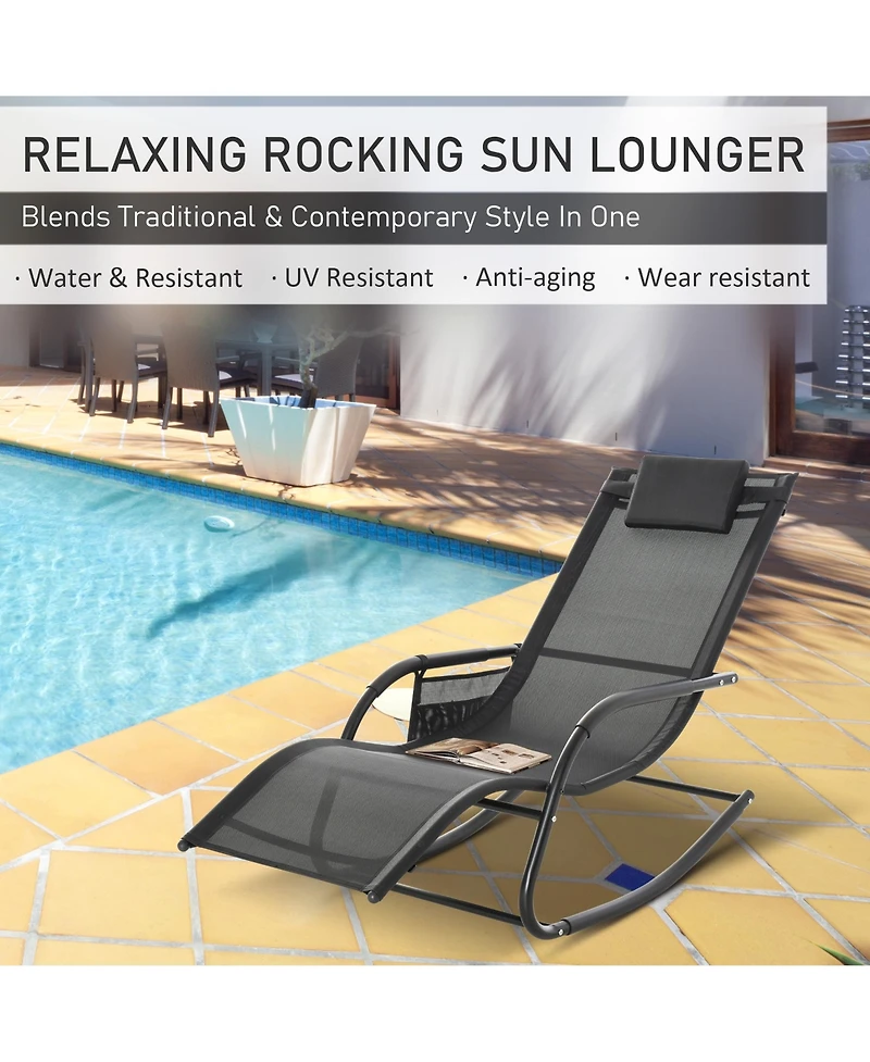 Outsunny Outdoor Rocking Chair, Patio Sling Sun Lounger, Pocket, Recliner Rocker, Lounge Chair with Detachable Pillow for Deck, Garden, or Pool, Black