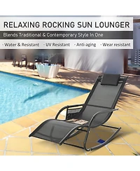 Outsunny Outdoor Rocking Chair, Patio Sling Sun Lounger, Pocket, Recliner Rocker, Lounge Chair with Detachable Pillow for Deck, Garden, or Pool, Black