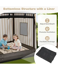 Kids Wooden Sandbox with Canopy Mesh Door Windows Bench Seats Foldable Storage Box