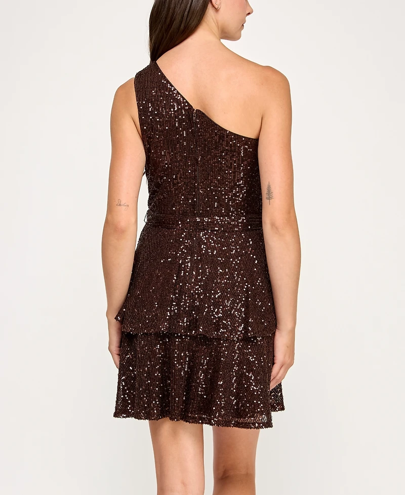 Row A Juniors' One Shoulder Sequin Embellished Short Dress