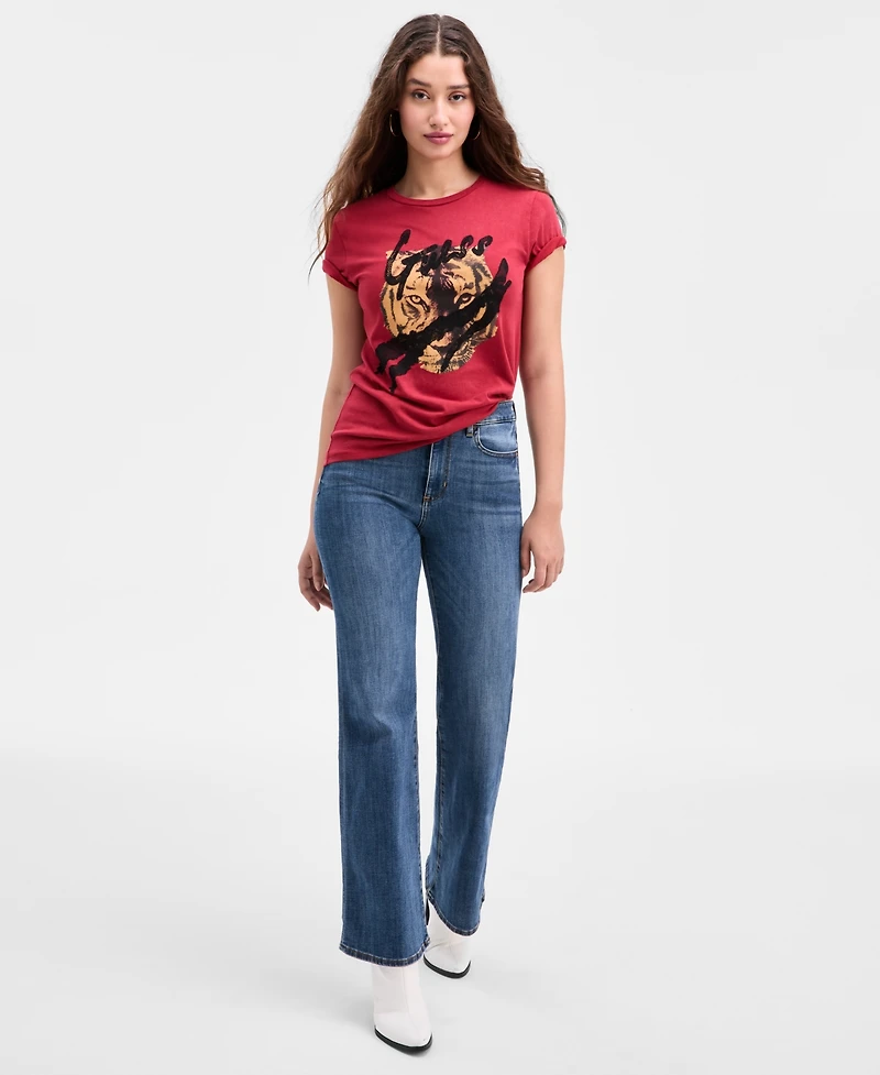 Guess Women's Cotton Tiger-Graphic Lace-Trim T-Shirt