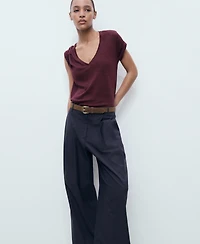 Mango Women's V-Neck Linen T-Shirt