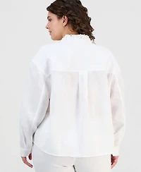 Charter Club Plus Linen Beaded-Collar Long-Sleeve Blouse, Macy's Exclusive