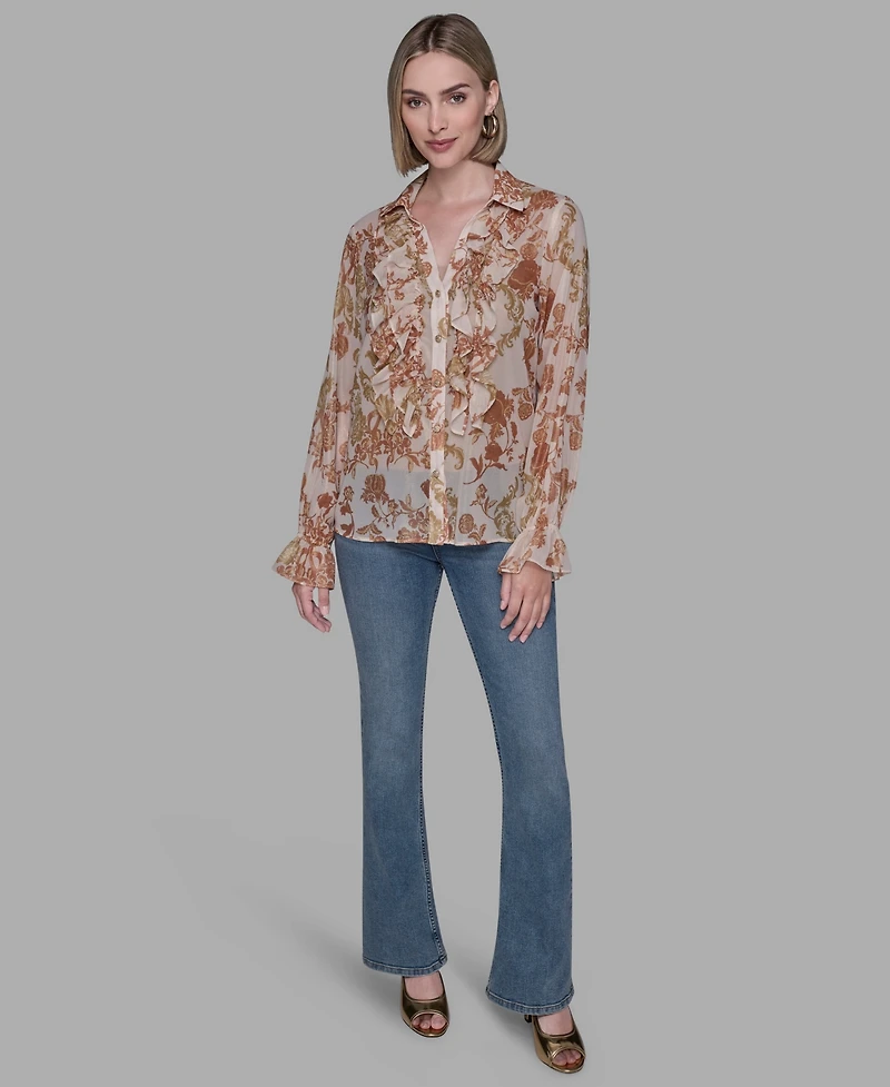 Karl Lagerfeld Paris Women's Printed Ruffled Long Sleeves Blouse