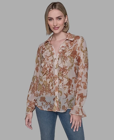 Karl Lagerfeld Paris Women's Printed Ruffled Long Sleeves Blouse