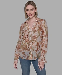 Karl Lagerfeld Paris Women's Printed Ruffled Long Sleeves Blouse