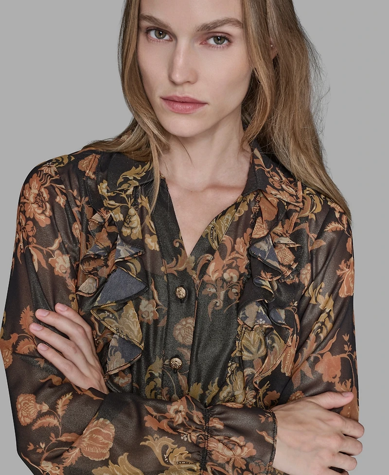 Karl Lagerfeld Paris Women's Printed Ruffled Long Sleeves Blouse