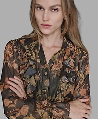 Karl Lagerfeld Paris Women's Printed Ruffled Long Sleeves Blouse