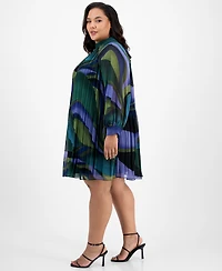 London Times Plus Printed Pleated Blouson-Sleeve Shift Dress