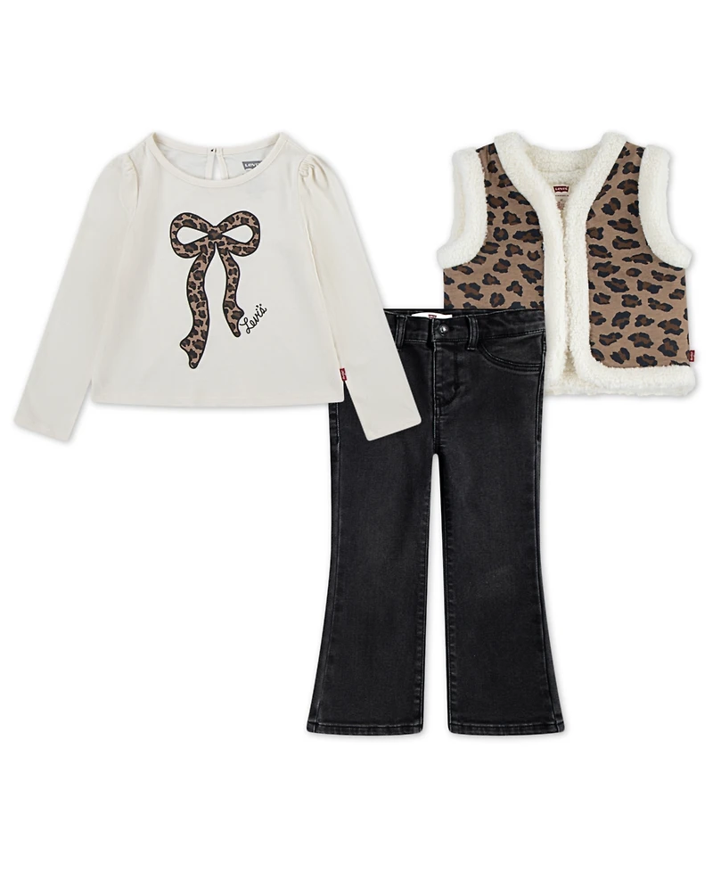 Levi's Toddler Girls 3-Piece Sherpa Vest, Top and Jeans Set