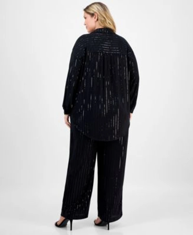 Anne Klein Plus Size Sequin Pinstripe Drop Shoulder Tunic Shirt Sequin Pinstripe High Rise Wide Leg Pants