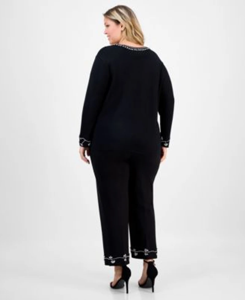 Anne Klein Plus Size Embellished Bracelet Sleeve Sweater Embellished High Rise Kick Flare Pants
