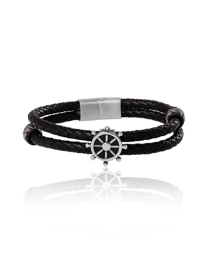 Lucky Brand Mens Nautical Wheel Black Braided Leather Bracelet