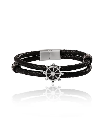 Lucky Brand Mens Nautical Wheel Black Braided Leather Bracelet