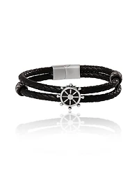 Lucky Brand Mens Nautical Wheel Black Braided Leather Bracelet