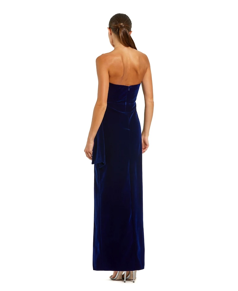 Mac Duggal Women's Strapless High Slit Draped Velvet Gown