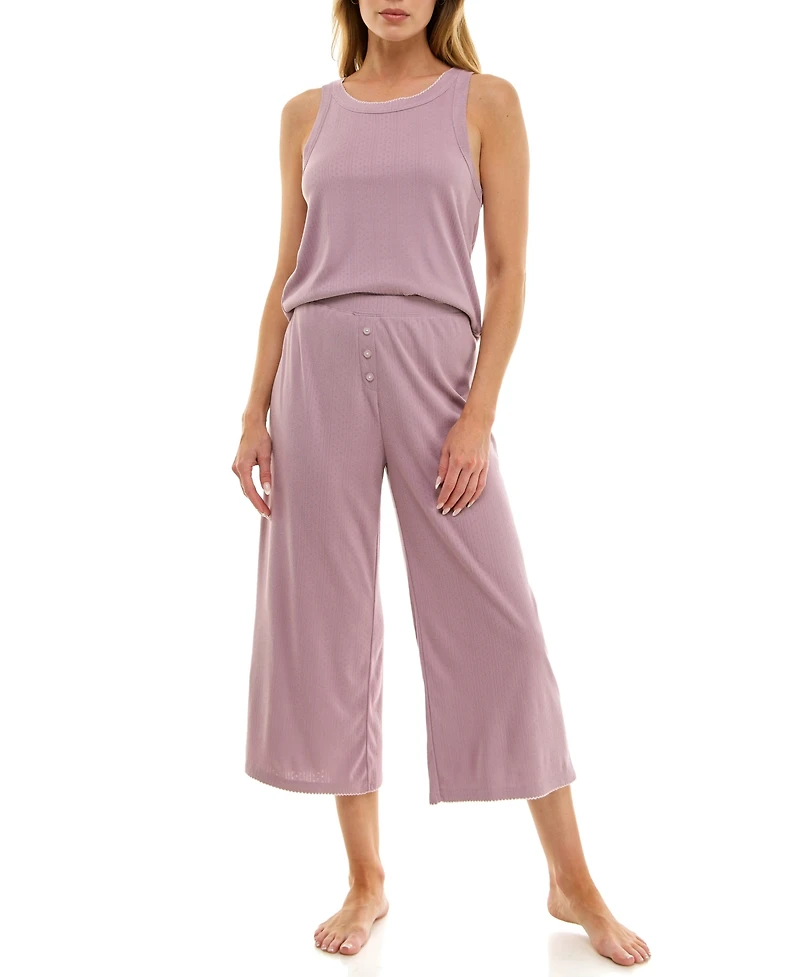 Roudelain Women's 2-Piece Contrast Binding Sleeveless T-Shirt and Pajama Set