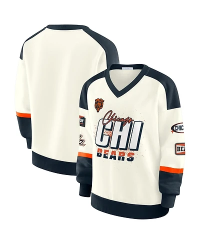 Wear by Erin Andrews Women's Cream Chicago Bears Racing Crew V-Neck Sweatshirt