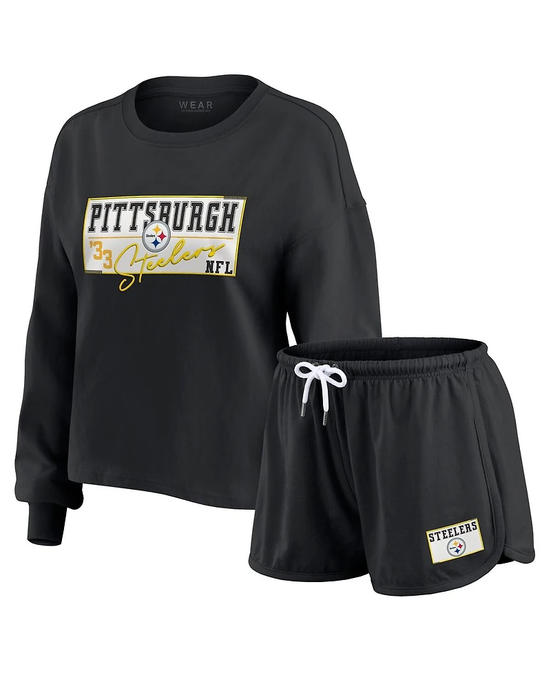 Wear by Erin Andrews Women's Black Pittsburgh Steelers Heavy Rugby Jersey Long Sleeve T-Shirt Shorts Lounge Set