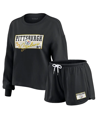 Wear by Erin Andrews Women's Black Pittsburgh Steelers Heavy Rugby Jersey Long Sleeve T-Shirt Shorts Lounge Set